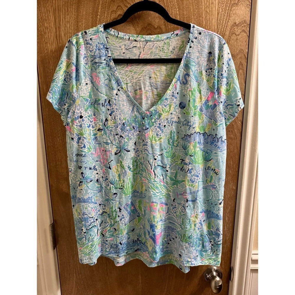 Lilly Pulitzer Etta V-Neck Top Bayside Blue Lilly Loves Texas T-shirt Womens XL